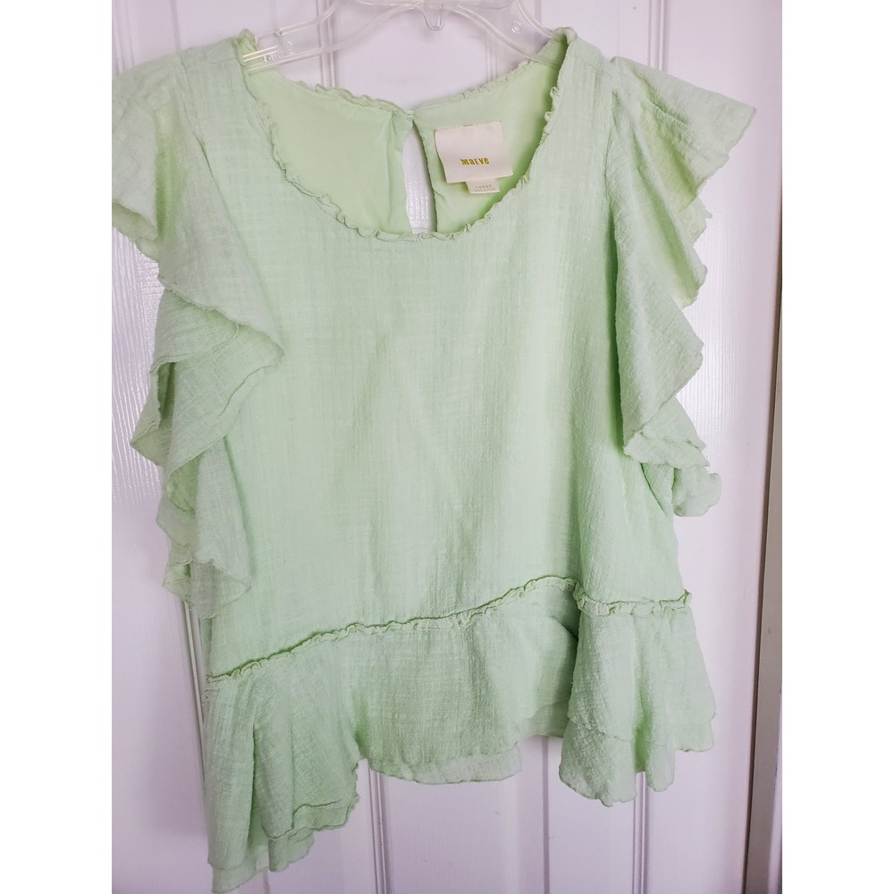 Maeve Anthropologie Blouse Green Ruffle Flutter Sleeve Peplum Boho Large - Picture 3 of 9